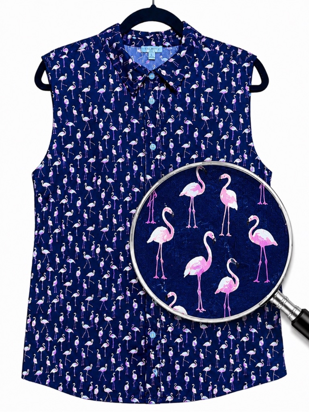 Talbots Flamingo Print Sleeveless Button Front Blouse Large Navy Pink Cotton